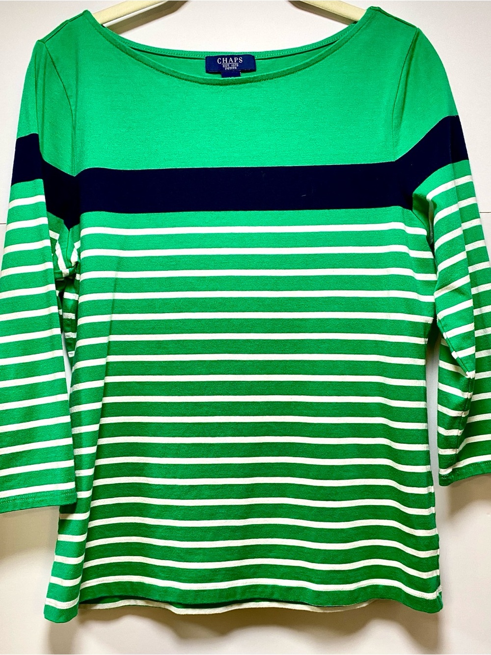 CHAPS-Size PTL-Women’s Pullover Top, 3/4 Sleeve, Green, White, Black Stripe